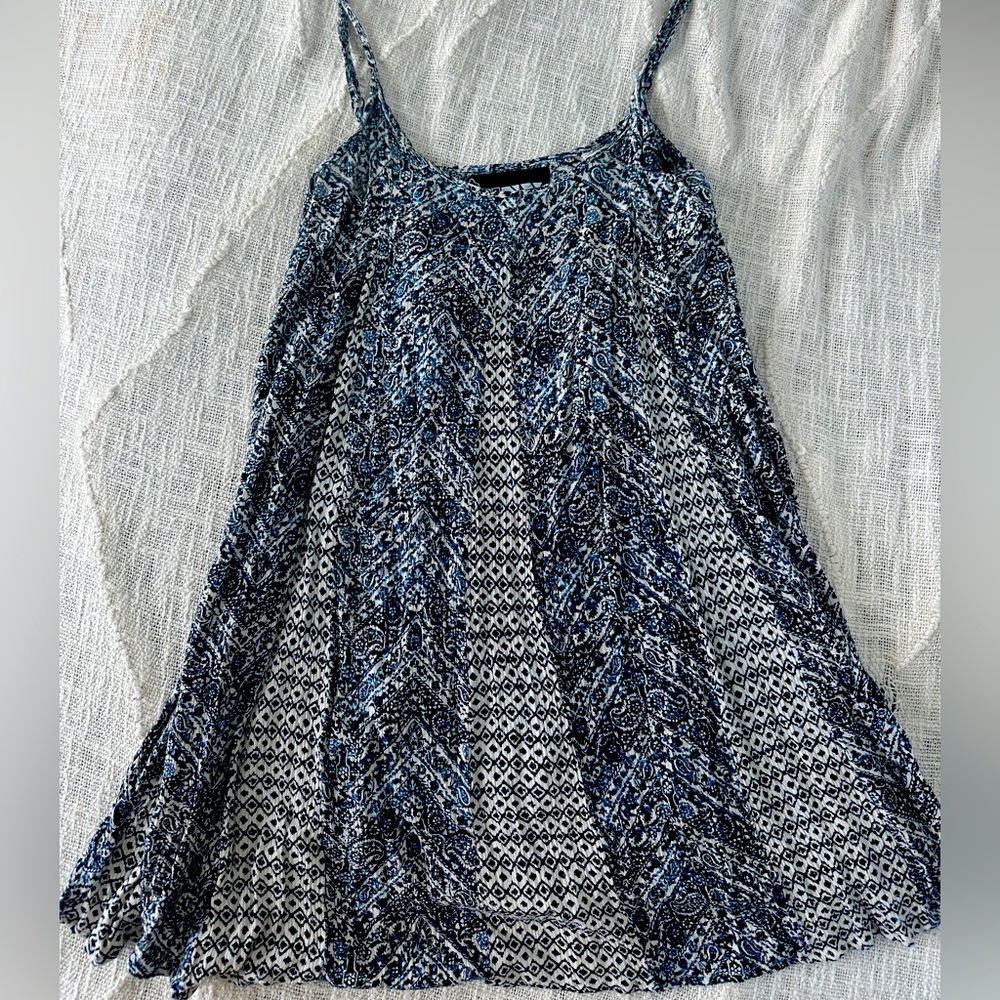 Blue and white patterned mini sun dress